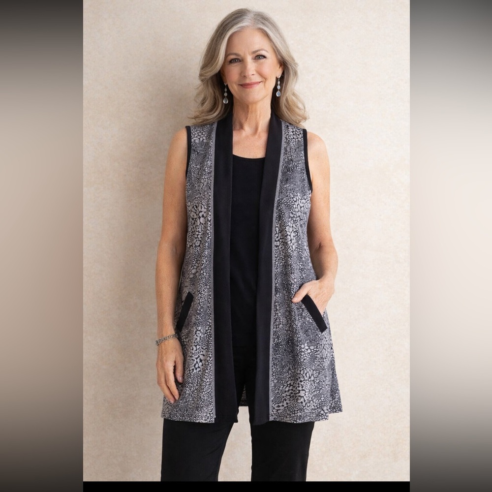 Parsley Sage Long Cardigan Vest Woman Large Pockets Boho Artsy Festival Office